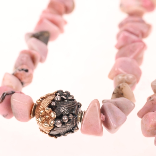 1656 - NIELS ERIK FROM - a Danish modernist oxidised and gilded sterling silver rhodonite bead necklace, 66... 