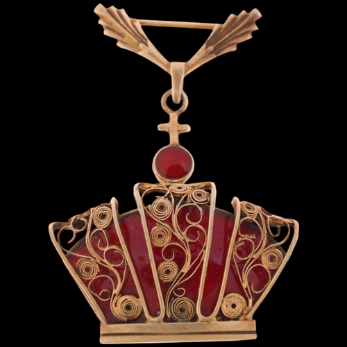 1661 - VOLMER BAHNER - a Danish sterling silver-gilt red enamel Kingmark crown drop brooch, 51.2mm, 17.6g