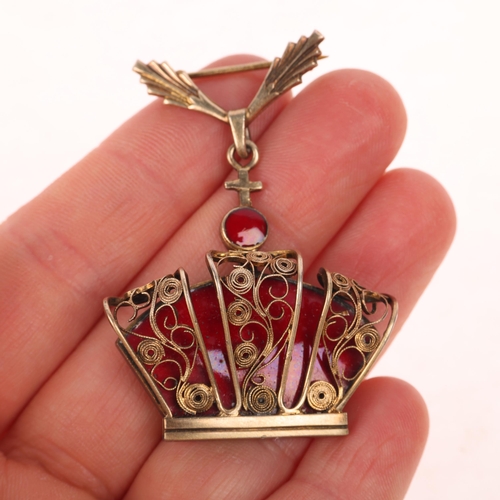 1661 - VOLMER BAHNER - a Danish sterling silver-gilt red enamel Kingmark crown drop brooch, 51.2mm, 17.6g