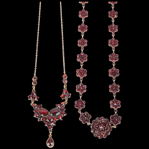 1667 - 2 gilt-metal Bohemian garnet necklaces, 42cm and 37cm, 20g total, 1 A/F (2)