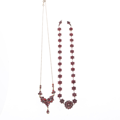 1667 - 2 gilt-metal Bohemian garnet necklaces, 42cm and 37cm, 20g total, 1 A/F (2)