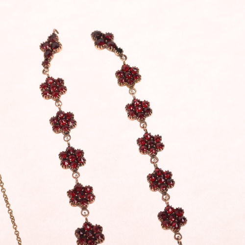 1667 - 2 gilt-metal Bohemian garnet necklaces, 42cm and 37cm, 20g total, 1 A/F (2)