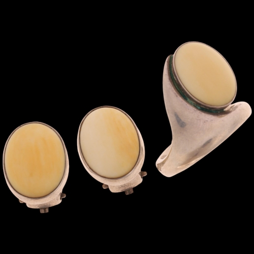 1669 - NIELS ERIK FROM - a Danish modernist sterling silver marine ivory ring and clip-on earring set, ring... 