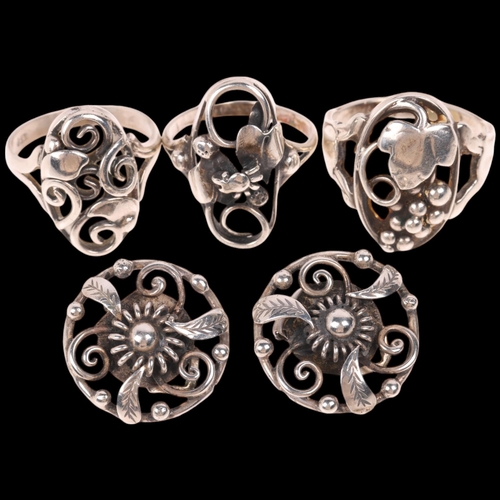 1672 - Various Art Nouveau style Danish silver jewellery, comprising pair of clip-on earrings and 3 rings, ... 