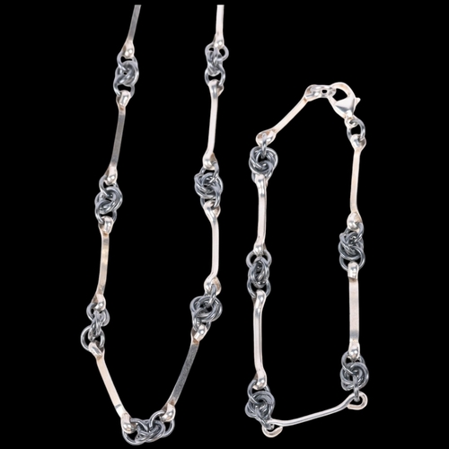 1675 - A Danish oxidised sterling silver fancy link chain necklace and bracelet set, 40cm and 18cm, 21.9g t... 