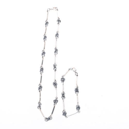 1675 - A Danish oxidised sterling silver fancy link chain necklace and bracelet set, 40cm and 18cm, 21.9g t... 