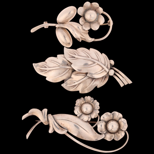 1678 - 3 Art Nouveau style Danish silver floral brooches, makers include Hermann Siersbol and Hugo Grun, la... 