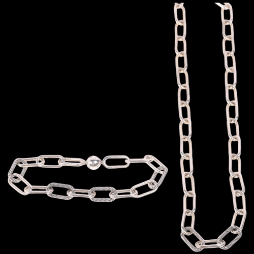 1679 - PANDORA - a sterling silver ME small-link chain necklace and bracelet set, 44cm and 16cm, 49.7g tota... 