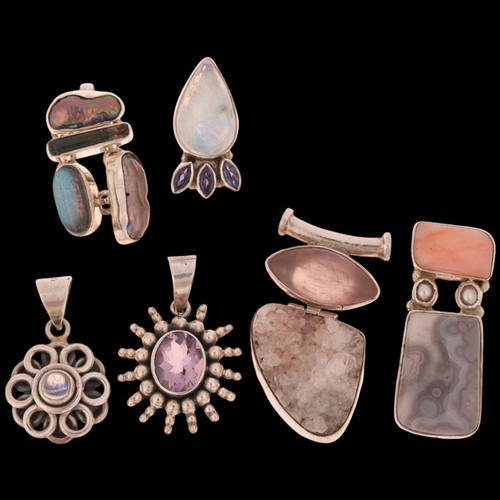 1680 - 6 modern silver gem set pendants, gemstones include watermelon tourmaline, amethyst, moonstone, etc,... 