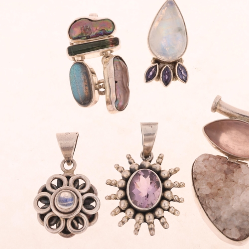 1680 - 6 modern silver gem set pendants, gemstones include watermelon tourmaline, amethyst, moonstone, etc,... 