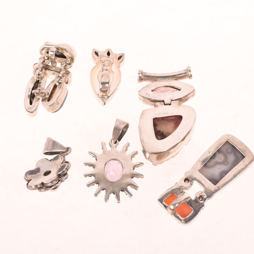 1680 - 6 modern silver gem set pendants, gemstones include watermelon tourmaline, amethyst, moonstone, etc,... 