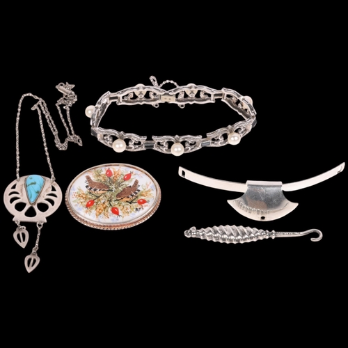 1686 - Various silver jewellery, including hand painted porcelain bird panel brooch, Niels Erik From Danish... 