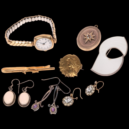 1689 - Various jewellery, including Norwegian modernist sterling silver white enamel brooch, 59.6mm, pearl ... 