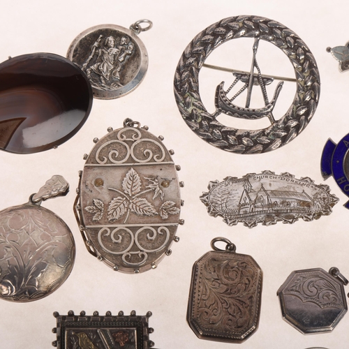 1692 - Various silver jewellery, including Victorian Aesthetic Movement bird brooch, locket pendants, etc