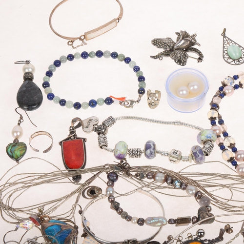 1694 - Various silver jewellery, including charm bracelet, pearl necklace, rings, etc