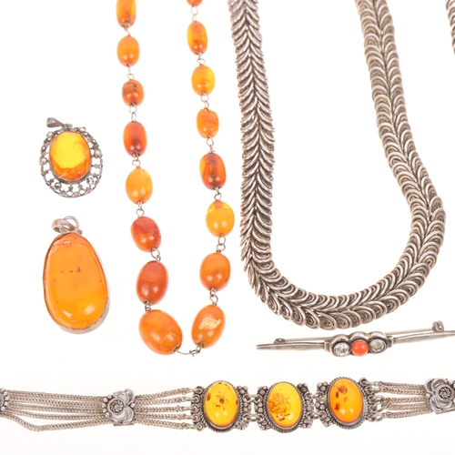 1696 - Various silver jewellery, including butterscotch amber bead necklace, 40cm, matching spiral link nec... 