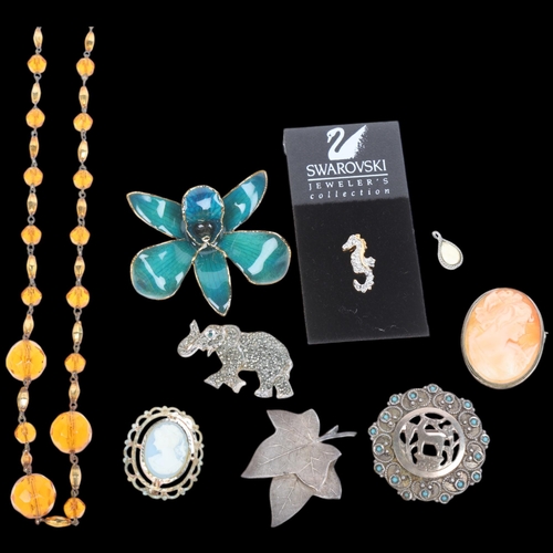 1697 - Various jewellery, including silver turquoise brooch, marcasite elephant brooch, etc