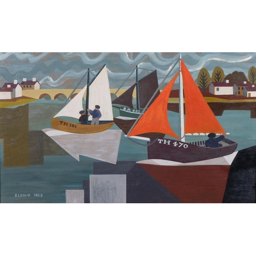 400 - S. Leslie, 1953, fishing boats in Teignmouth estuary, oil on board, 50cm x 29.5cm, framed.