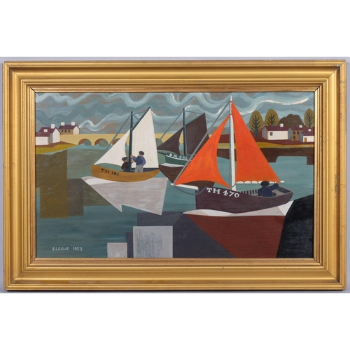 400 - S. Leslie, 1953, fishing boats in Teignmouth estuary, oil on board, 50cm x 29.5cm, framed.