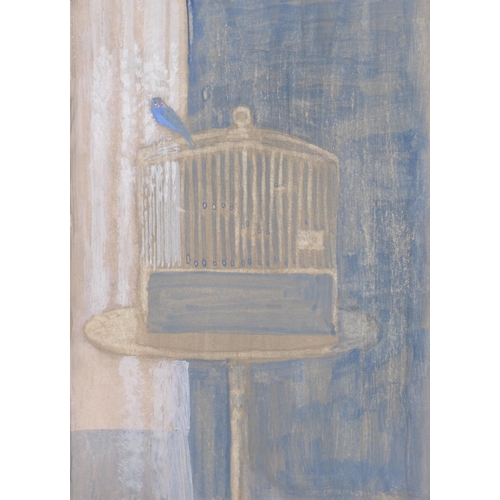 408 - David Tindle (British b.1932) bird perched on cage, watercolour, unsigned, 21cm x 14cm, framed.