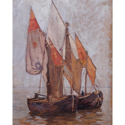 425 - Rudolph Hellwag Austrian, (1867 - 1942), barges in sail, impressionist oil on board, signed, 44cm x ... 