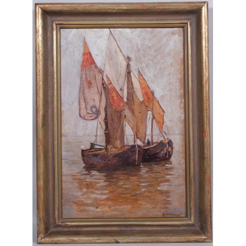 425 - Rudolph Hellwag Austrian, (1867 - 1942), barges in sail, impressionist oil on board, signed, 44cm x ... 