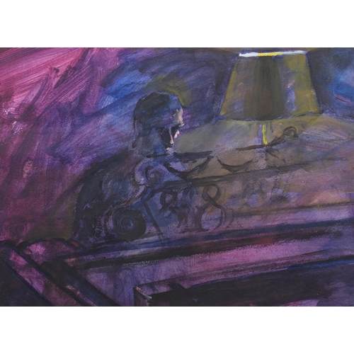 431 - Valerie Olsen, pianist by lamplight, acrylic on board, label verso, 39cm x 28cm, framed