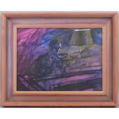 431 - Valerie Olsen, pianist by lamplight, acrylic on board, label verso, 39cm x 28cm, framed