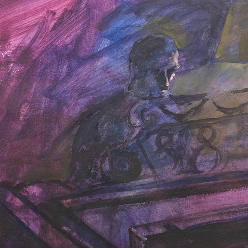 431 - Valerie Olsen, pianist by lamplight, acrylic on board, label verso, 39cm x 28cm, framed