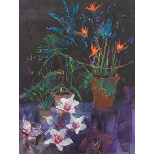 432 - Valerie Olsen, 2 still life flowers, acrylic on board and paper, largest 50cm x 35cm, framed (2)