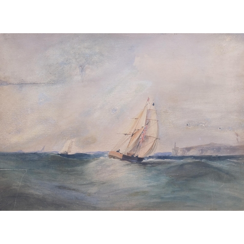 437 - Manner of Thomas Bush Hardy, 19th century British coastal scene, yachts off white cliffs, watercolou... 