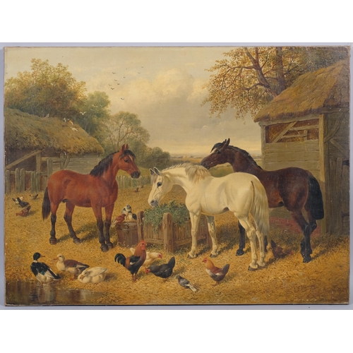 439 - Attributed to John Frederick Herring (British 1815-1907) horses and fowl in farmyard, oil on canvas,... 