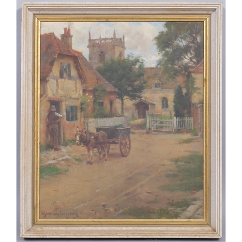 440 - William Teulon B. Fletcher (1858 - 1936), donkey and cart on village track, oil on canvas, signed Bl... 