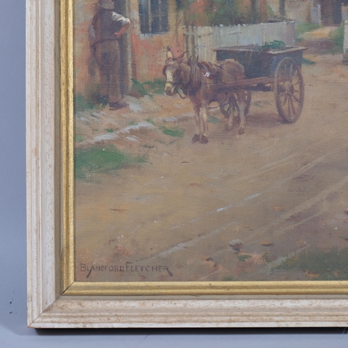 440 - William Teulon B. Fletcher (1858 - 1936), donkey and cart on village track, oil on canvas, signed Bl... 