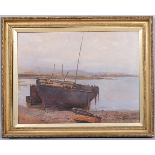 441 - Late 19th century oil on canvas, fishing boat on shore, unsigned, 60cm x 44cm, framed