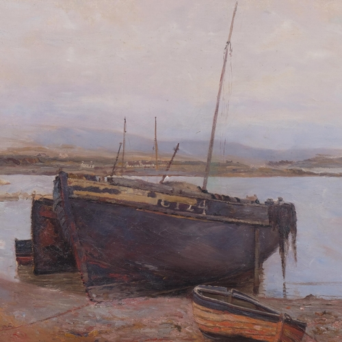 441 - Late 19th century oil on canvas, fishing boat on shore, unsigned, 60cm x 44cm, framed