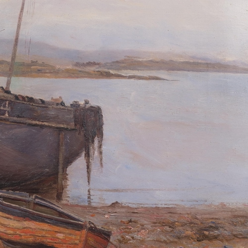 441 - Late 19th century oil on canvas, fishing boat on shore, unsigned, 60cm x 44cm, framed