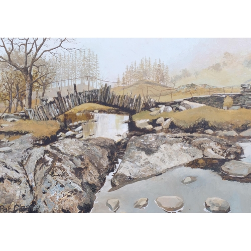 442 - Pat Cleary, Mid-20th century stone bridge in landscape, oil on board, indistinctly signed, 72cm x 50... 