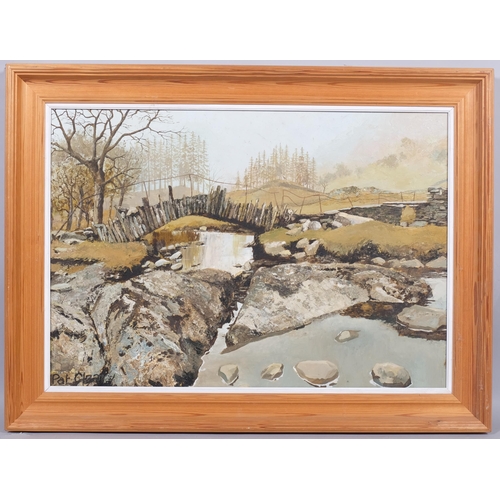 442 - Pat Cleary, Mid-20th century stone bridge in landscape, oil on board, indistinctly signed, 72cm x 50... 