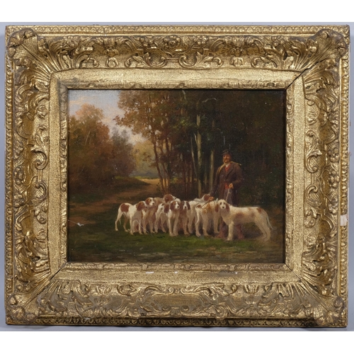 443 - Late 19th/early 20th century oil on canvas, huntsman with hounds, unsigned, 26cm x 20cm, framed