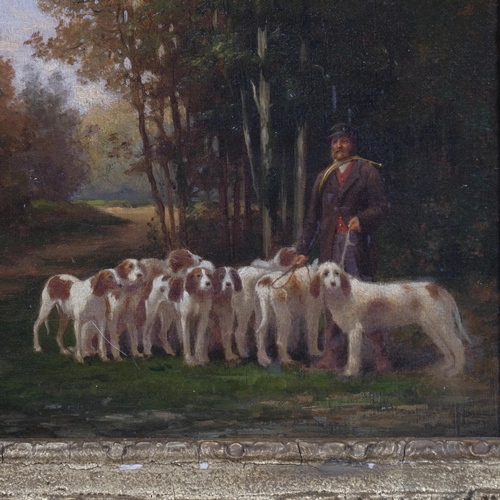 443 - Late 19th/early 20th century oil on canvas, huntsman with hounds, unsigned, 26cm x 20cm, framed