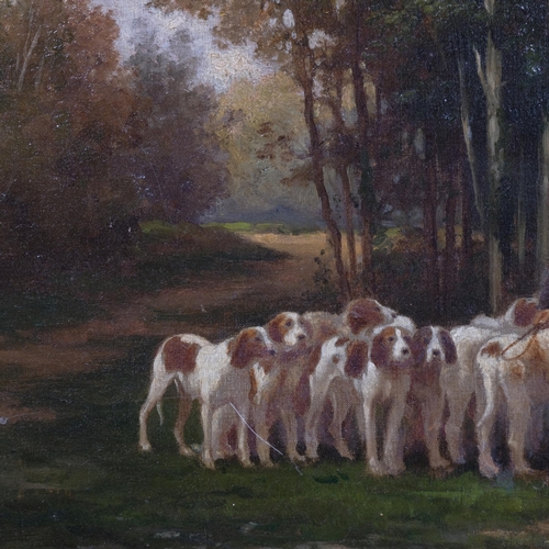 443 - Late 19th/early 20th century oil on canvas, huntsman with hounds, unsigned, 26cm x 20cm, framed