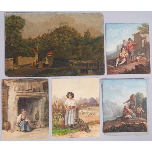 448 - Italian School, 4 x 19th century watercolours, figures in naturalist surroundings, and a 19th centur... 