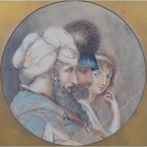 449 - 19th century portrait of Classical Middle Eastern figures, watercolour and ink, unsigned, diameter 2... 