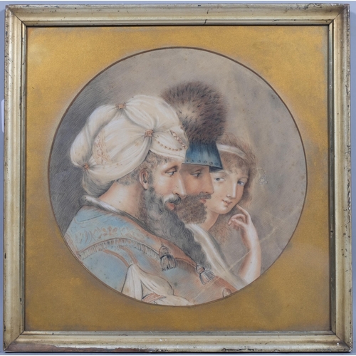 449 - 19th century portrait of Classical Middle Eastern figures, watercolour and ink, unsigned, diameter 2... 