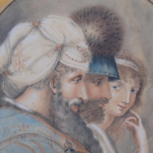 449 - 19th century portrait of Classical Middle Eastern figures, watercolour and ink, unsigned, diameter 2... 