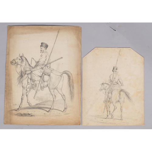 451 - 2 x 19th century/early 20th century pencil studies of Middle Eastern military man on horseback, unsi... 