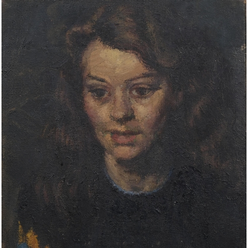 452 - Camden School, 20th century oil on canvas, portrait of a young woman, unsigned, 36cm x 30.5cm, unfra... 