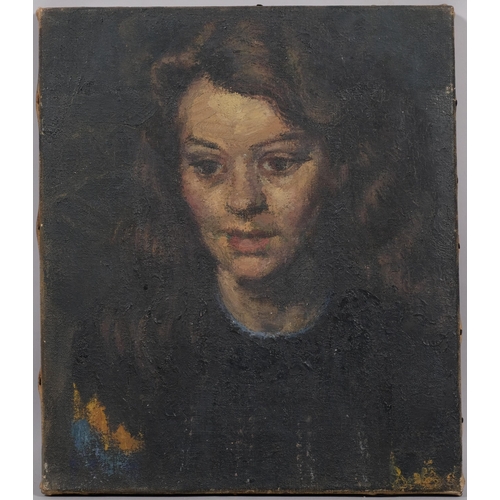 452 - Camden School, 20th century oil on canvas, portrait of a young woman, unsigned, 36cm x 30.5cm, unfra... 