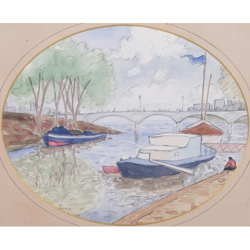 454 - 20th century watercolour study of La Seine river, with fishermen and boats, unsigned, 32cm x 26cm, f... 